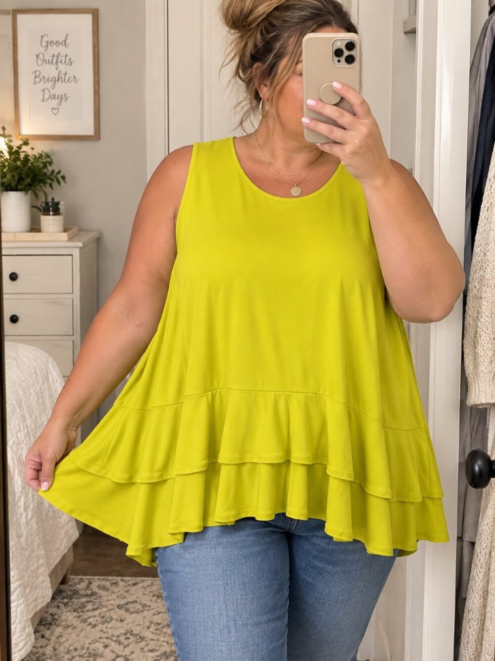 usan Graver Tunic Top 3X Chartreuse Tiered Ruffle Hem Stretch Keyhole NWOT